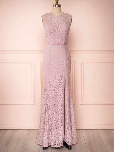 Sheath/Column Scoop Neck Lace Floor-length Bridesmaid Dresses With Sashes / Ribbons #UKM01014421