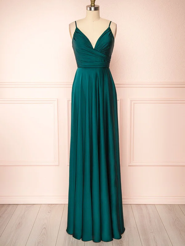 A-line V-neck Silk-like Satin Floor-length Ruffles Bridesmaid Dresses #UKM01014422
