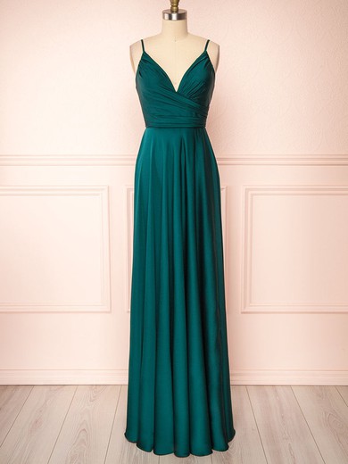 A-line V-neck Silk-like Satin Ankle-length Bridesmaid Dresses With Ruffles #UKM01014422