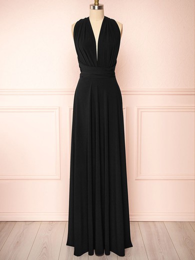 A-line V-neck Jersey Floor-length Bridesmaid Dresses #UKM01014425