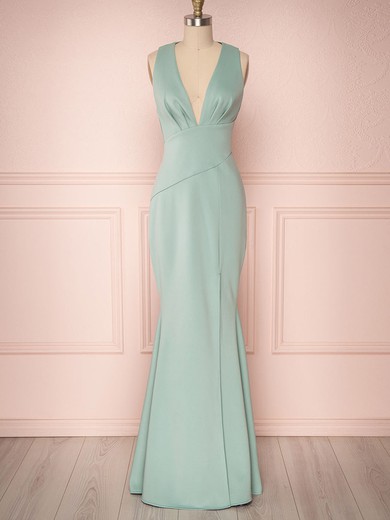 Trumpet/Mermaid V-neck Stretch Crepe Floor-length Bridesmaid Dresses With Split Front #UKM01014434