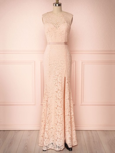 Sheath/Column Scoop Neck Lace Floor-length Bridesmaid Dresses With Sashes / Ribbons #UKM01014438