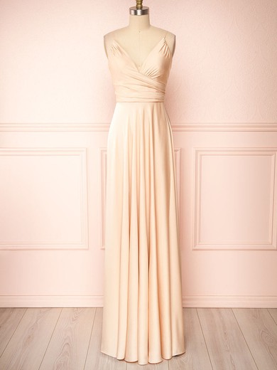 A-line V-neck Silk-like Satin Floor-length Bridesmaid Dresses With Ruffles #UKM01014441
