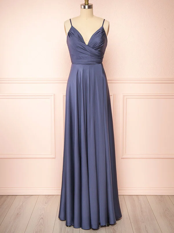 A-line V-neck Silk-like Satin Floor-length Ruffles Bridesmaid Dresses #UKM01014443