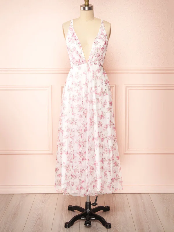 A-line V-neck Tulle Tea-length Bridesmaid Dresses #UKM01014447