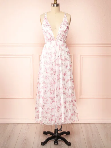 A-line V-neck Tulle Tea-length Bridesmaid Dresses #UKM01014447