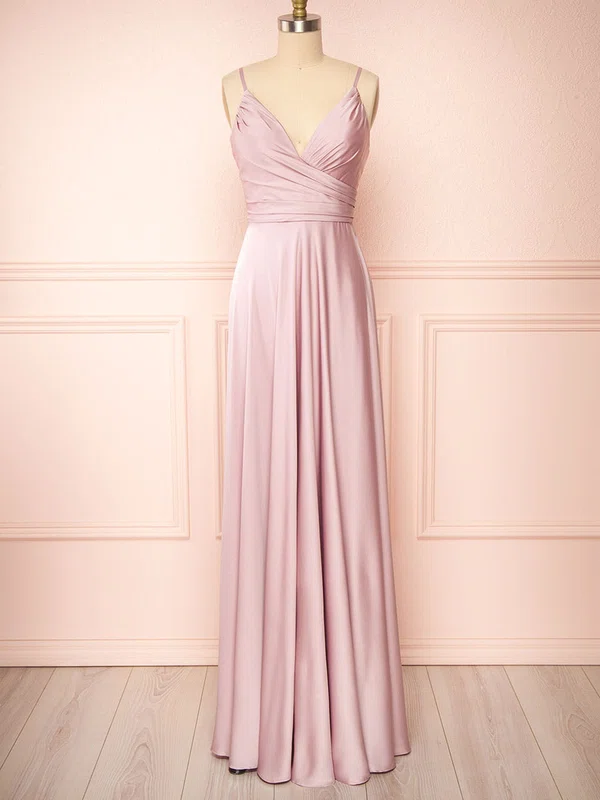 A-line V-neck Silk-like Satin Floor-length Ruffles Bridesmaid Dresses #UKM01014449
