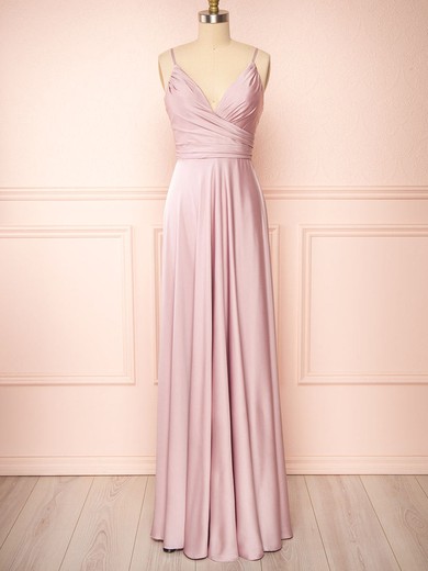 A-line V-neck Silk-like Satin Floor-length Bridesmaid Dresses With Ruffles #UKM01014449