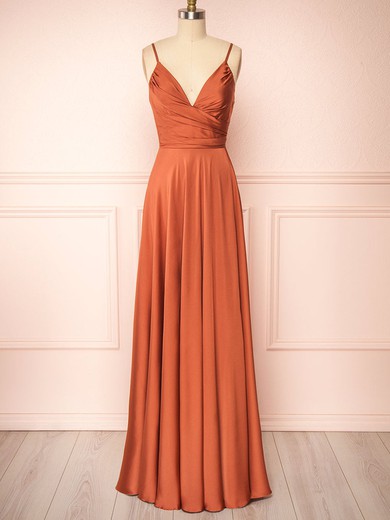 A-line V-neck Silk-like Satin Floor-length Bridesmaid Dresses With Ruffles #UKM01014454