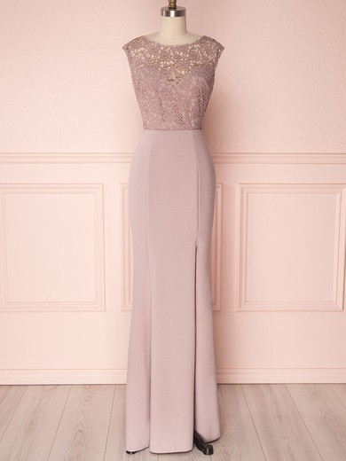 Sheath/Column Scoop Neck Lace Stretch Crepe Floor-length Bridesmaid Dresses With Split Front #UKM01014459