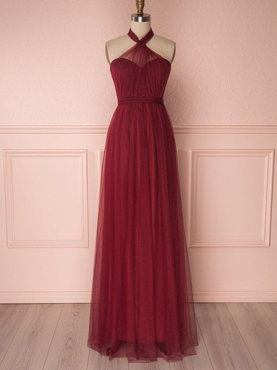 A-line Halter Tulle Floor-length Sashes / Ribbons Bridesmaid Dresses #UKM01014464