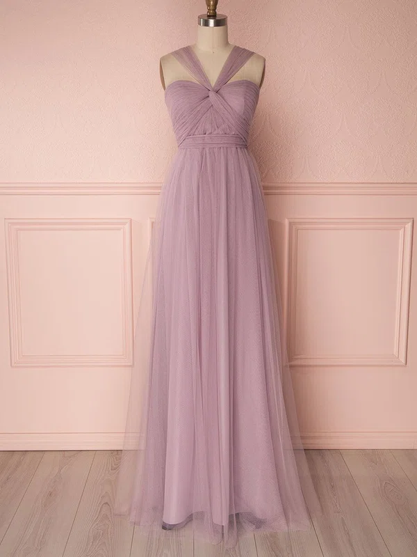 A-line V-neck Tulle Floor-length Bridesmaid Dresses With Sashes / Ribbons #UKM01014465