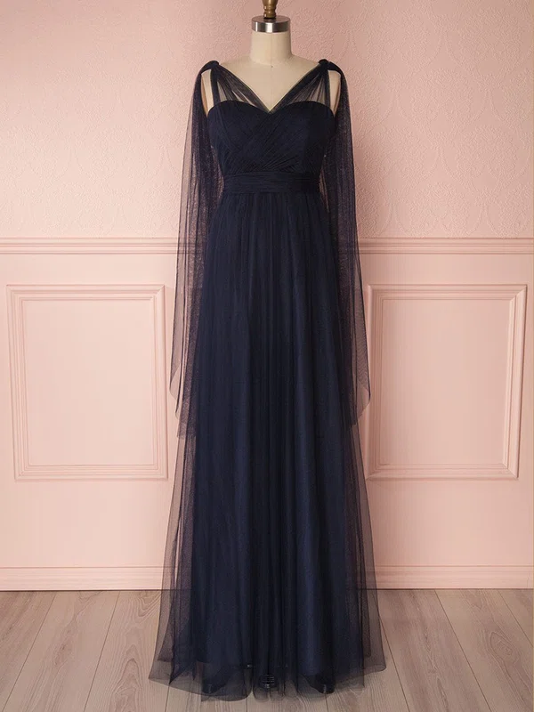 A-line V-neck Tulle Floor-length Bridesmaid Dresses #UKM01014466