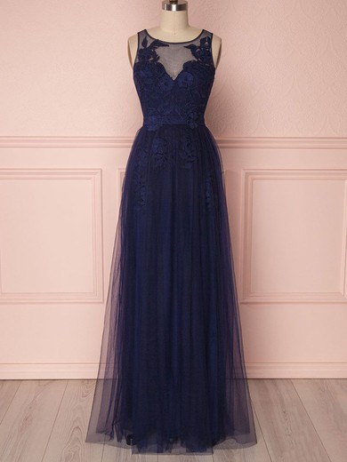 A-line Scoop Neck Tulle Floor-length Bridesmaid Dresses With Appliques Lace #UKM01014467