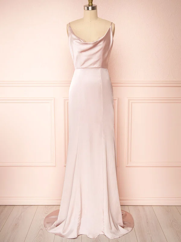 Sheath/Column Cowl Neck Silk-like Satin Sweep Train Bridesmaid Dresses #UKM01014468