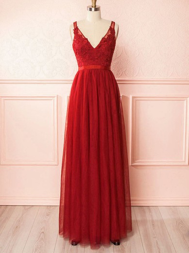 A-line V-neck Lace Tulle Floor-length Bridesmaid Dresses With Appliques Lace #UKM01014470