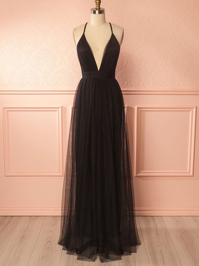 A-line V-neck Tulle Floor-length Bridesmaid Dresses With Sashes / Ribbons #UKM01014473