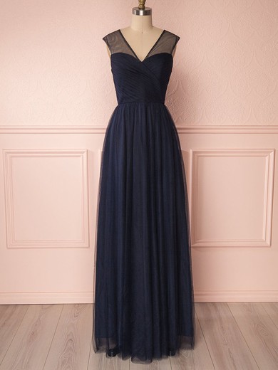 A-line V-neck Tulle Floor-length Bridesmaid Dresses With Ruffles #UKM01014479