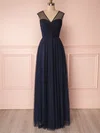 A-line V-neck Tulle Floor-length Bridesmaid Dresses With Ruffles #UKM01014479