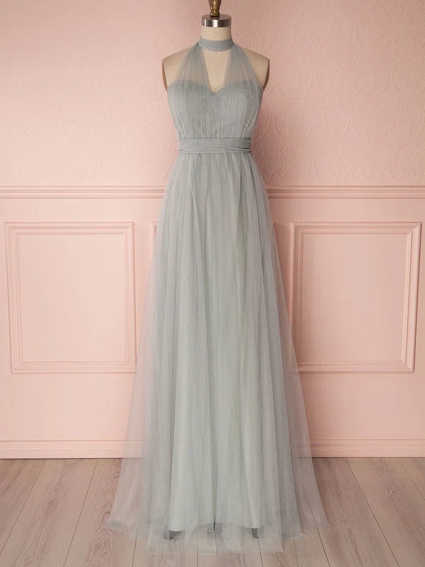 A-line V-neck Tulle Floor-length Bridesmaid Dresses With Sashes / Ribbons #UKM01014481