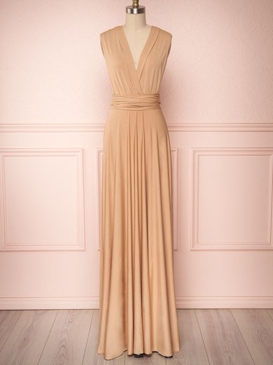A-line V-neck Jersey Floor-length Bridesmaid Dresses With Sashes / Ribbons #UKM01014482