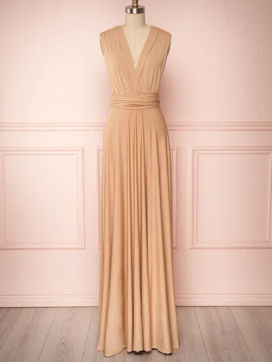 A-line V-neck Jersey Floor-length Bridesmaid Dresses #UKM01014482