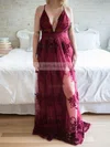 Kailania Burgundy | Floral Mesh Deep V-Neck Maxi Dress #UKM01014483