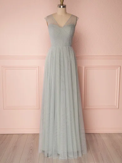 A-line V-neck Tulle Floor-length Bridesmaid Dresses With Ruffles #UKM01014484