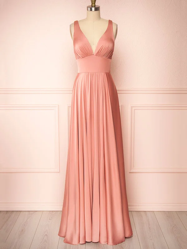 A-line V-neck Silk-like Satin Floor-length Bridesmaid Dresses #UKM01014488