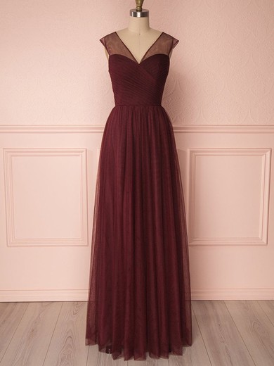 A-line V-neck Tulle Floor-length Bridesmaid Dresses With Ruffles #UKM01014489