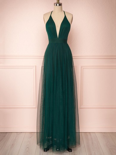 A-line V-neck Tulle Floor-length Bridesmaid Dresses With Sashes / Ribbons #UKM01014491