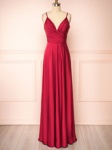 A-line V-neck Silk-like Satin Floor-length Bridesmaid Dresses With Ruffles #UKM01014493