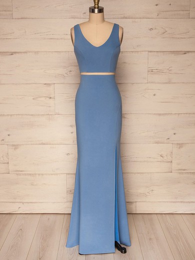 Sheath/Column V-neck Stretch Crepe Floor-length Bridesmaid Dresses With Split Front #UKM01014494