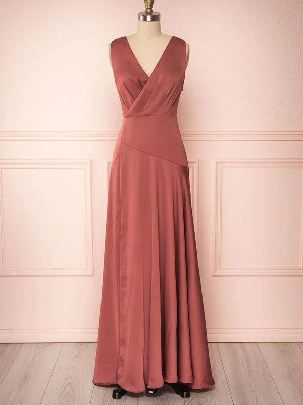 A-line V-neck Silk-like Satin Floor-length Bridesmaid Dresses With Split Front #UKM01014496