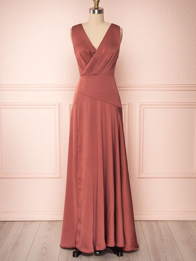 A-line V-neck Silk-like Satin Floor-length Bridesmaid Dresses With Split Front #UKM01014496
