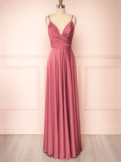 A-line V-neck Silk-like Satin Floor-length Bridesmaid Dresses With Ruffles #UKM01014502