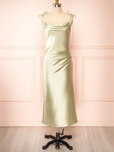 Sheath/Column Cowl Neck Satin Tea-length Split Front Bridesmaid Dresses #UKM01014503