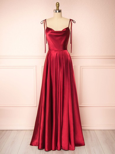 A-line Cowl Neck Silk-like Satin Sweep Train Split Front Bridesmaid Dresses #UKM01014504