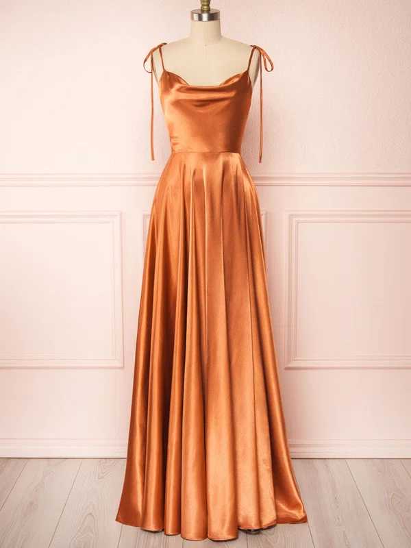 A-line Cowl Neck Silk-like Satin Sweep Train Bridesmaid Dresses #UKM01014506
