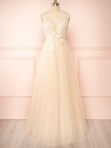 A-line V-neck Tulle Glitter Floor-length Bridesmaid Dresses With Flower(s) #UKM01014514