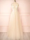A-line V-neck Tulle Glitter Floor-length Bridesmaid Dresses With Flower(s) #UKM01014514