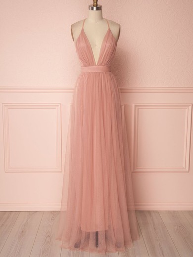 A-line V-neck Tulle Floor-length Bridesmaid Dresses With Ruffles #UKM01014517