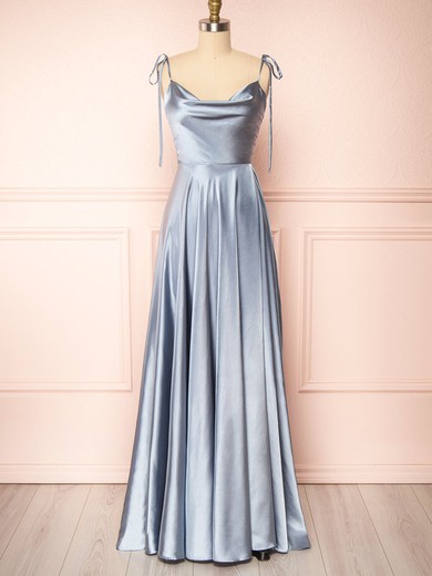 A-line Cowl Neck Silk-like Satin Sweep Train Bridesmaid Dresses With Split Front #UKM01014521