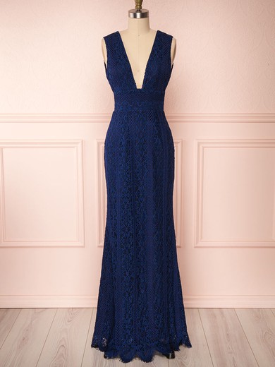 Sheath/Column V-neck Lace Floor-length Bridesmaid Dresses #UKM01014522