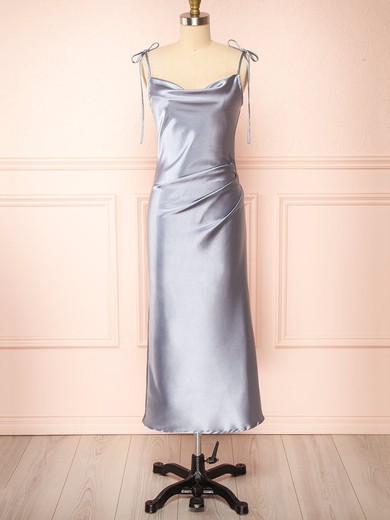 Sheath/Column Cowl Neck Silk-like Satin Tea-length Bridesmaid Dresses #UKM01014530
