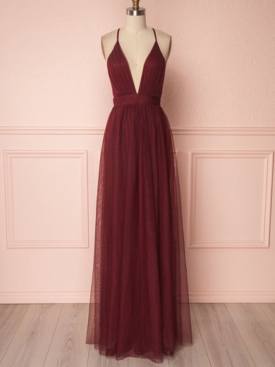 A-line V-neck Tulle Floor-length Sashes / Ribbons Bridesmaid Dresses #UKM01014531