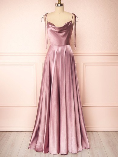 A-line Cowl Neck Silk-like Satin Sweep Train Bridesmaid Dresses With Split Front #UKM01014533
