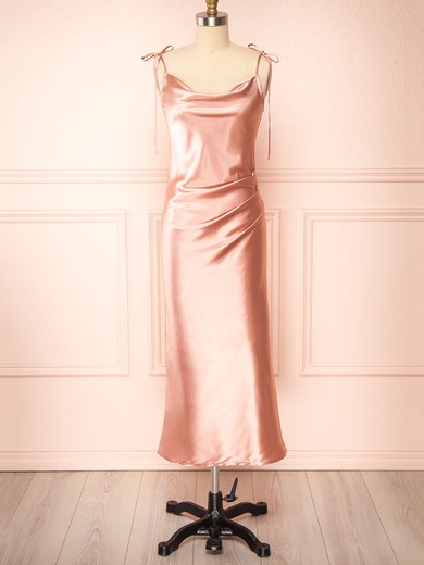 Sheath/Column Cowl Neck Silk-like Satin Tea-length Ruffles Bridesmaid Dresses #UKM01014535