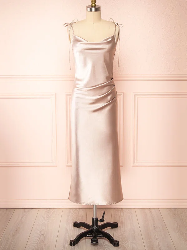 Sheath/Column Cowl Neck Silk-like Satin Tea-length Ruffles Bridesmaid Dresses #UKM01014536