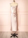 Sheath/Column Cowl Neck Silk-like Satin Tea-length Ruffles Bridesmaid Dresses #UKM01014536